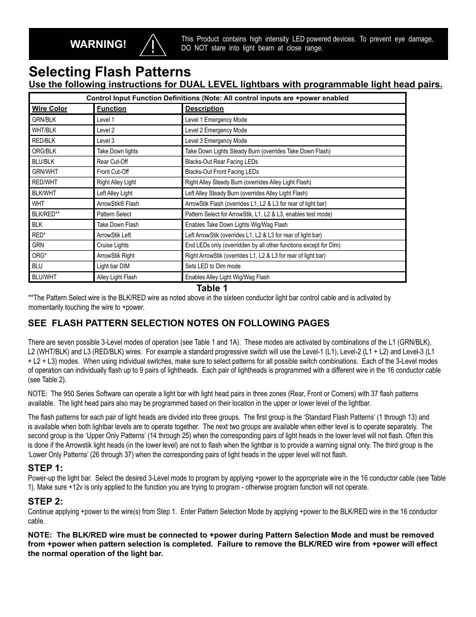 Selecting flash patterns, Warning, Table 1 | Step 1, Step 2 | Code 3 Triumph User Manual | Page 4 / 16