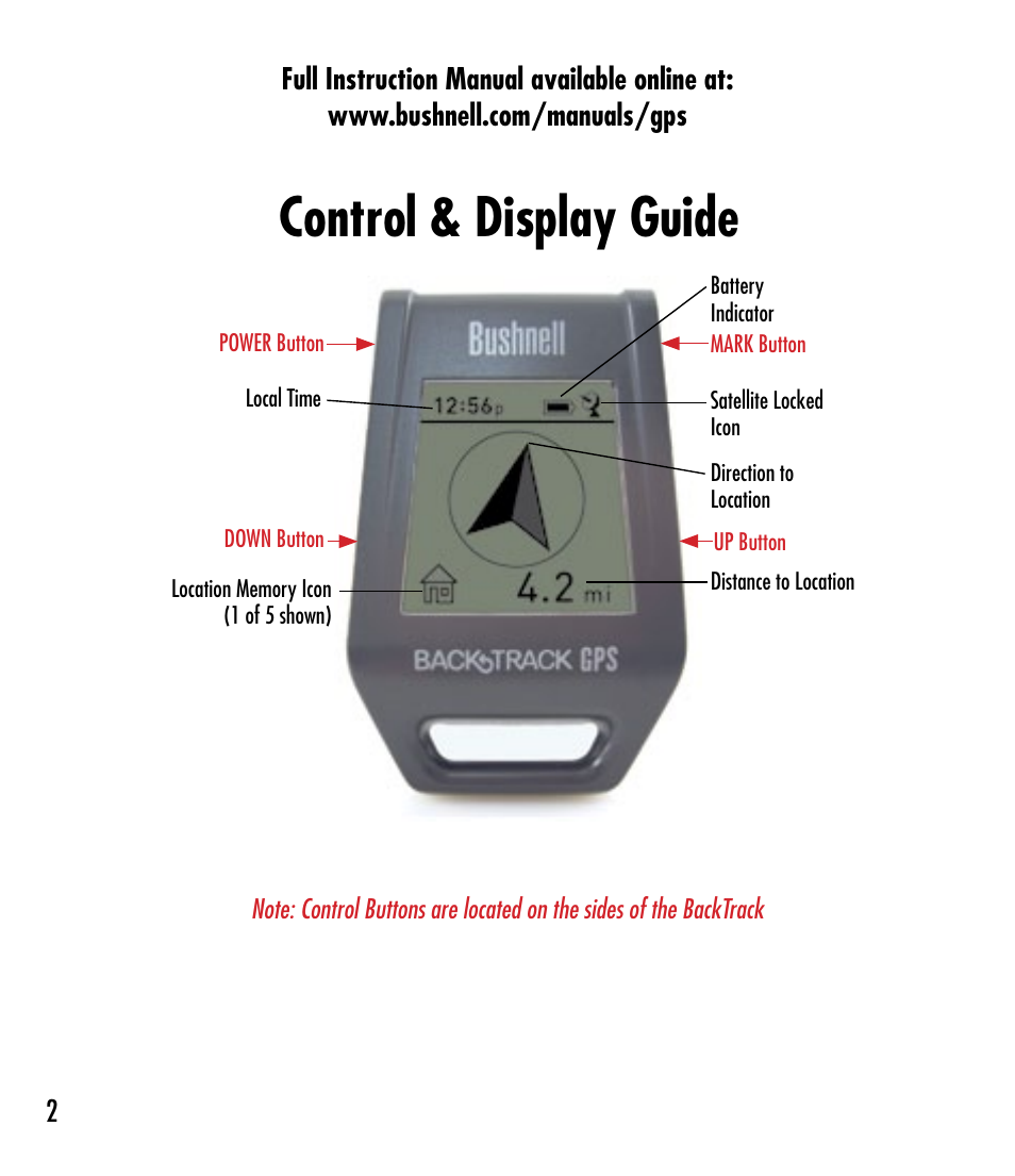 Control & display guide | Bushnell BACKTRACK 360200 User Manual | Page 2 / 12