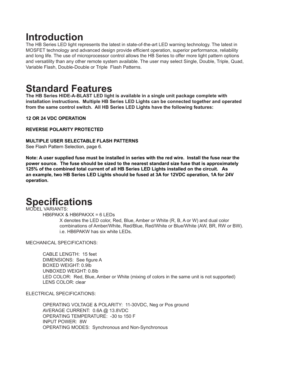 Introduction, Standard features, Specifications | Code 3 Twist and Lock Hide-A-Blast User Manual | Page 2 / 12