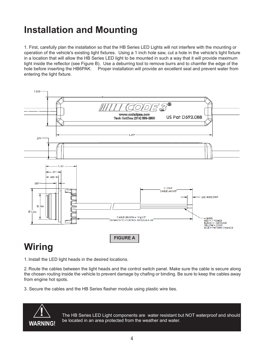 Wiring, Installation and mounting | Code 3 Twist and Lock Hide-A-Blast User Manual | Page 4 / 12