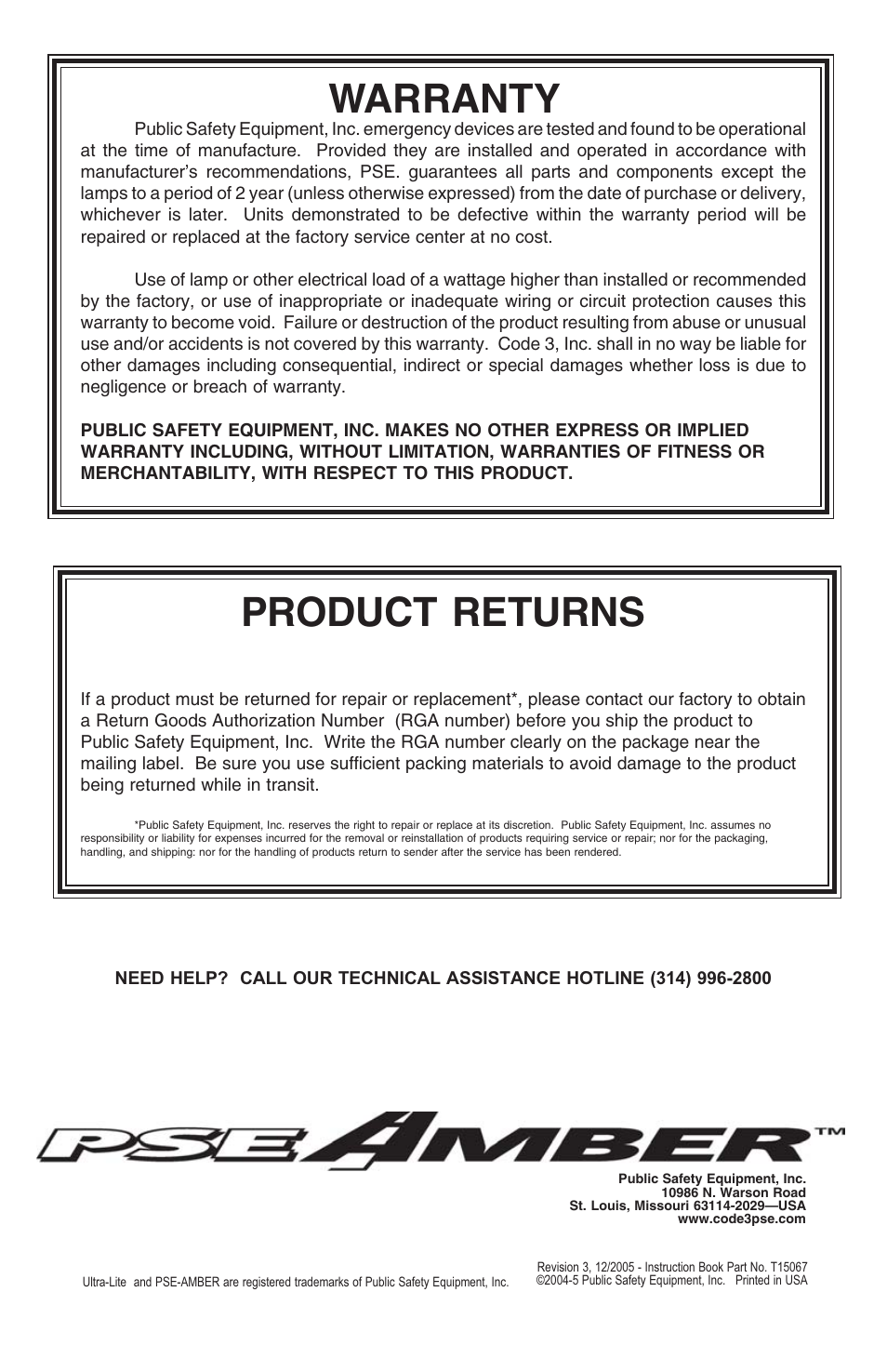 Product returns, Warranty | Code 3 Ultra-Lite Strobe Beacon User Manual | Page 2 / 2