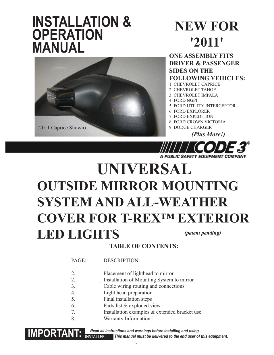 Code 3 Universal Mirror User Manual | 8 pages