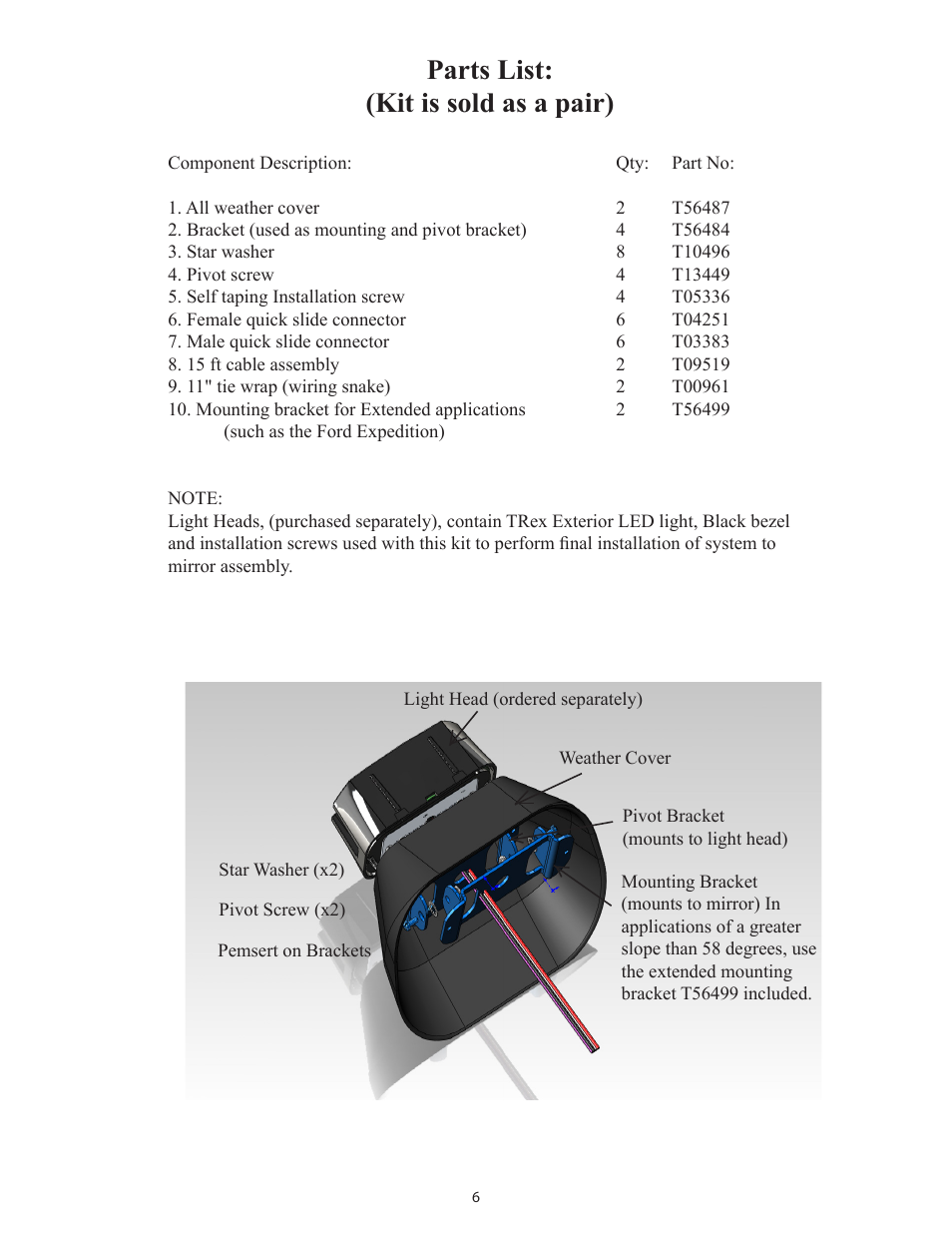 Parts list: (kit is sold as a pair) | Code 3 Universal Mirror User Manual | Page 6 / 8