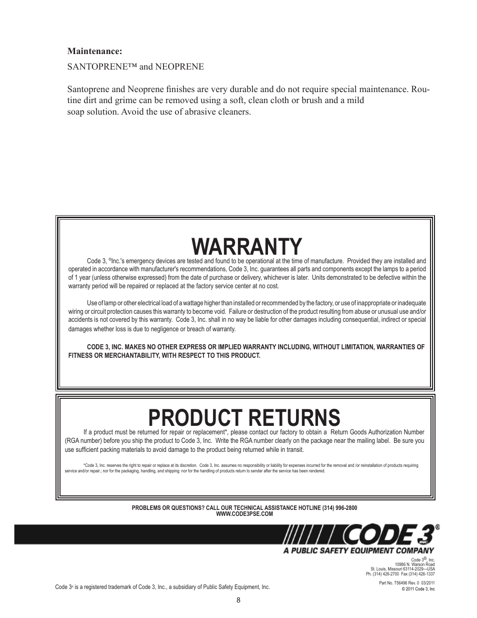 Product returns, Warranty | Code 3 Universal Mirror User Manual | Page 8 / 8