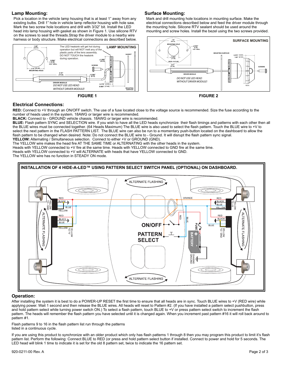 Operation, Surface mounting, Lamp mounting | Electrical connections, Figure 2, Figure 1 | Code 3 Volt User Manual | Page 2 / 3