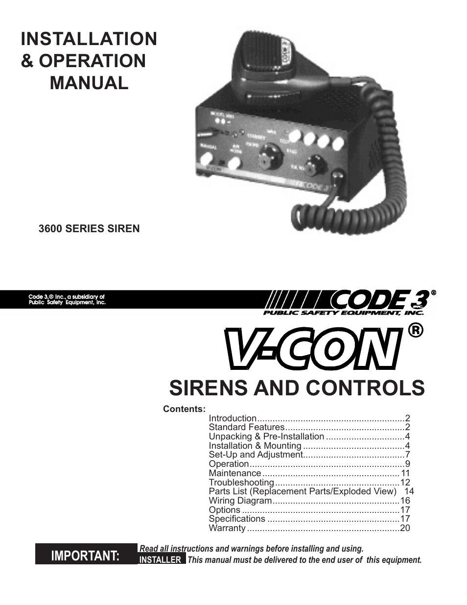 Code 3 V-Con Siren User Manual | 20 pages