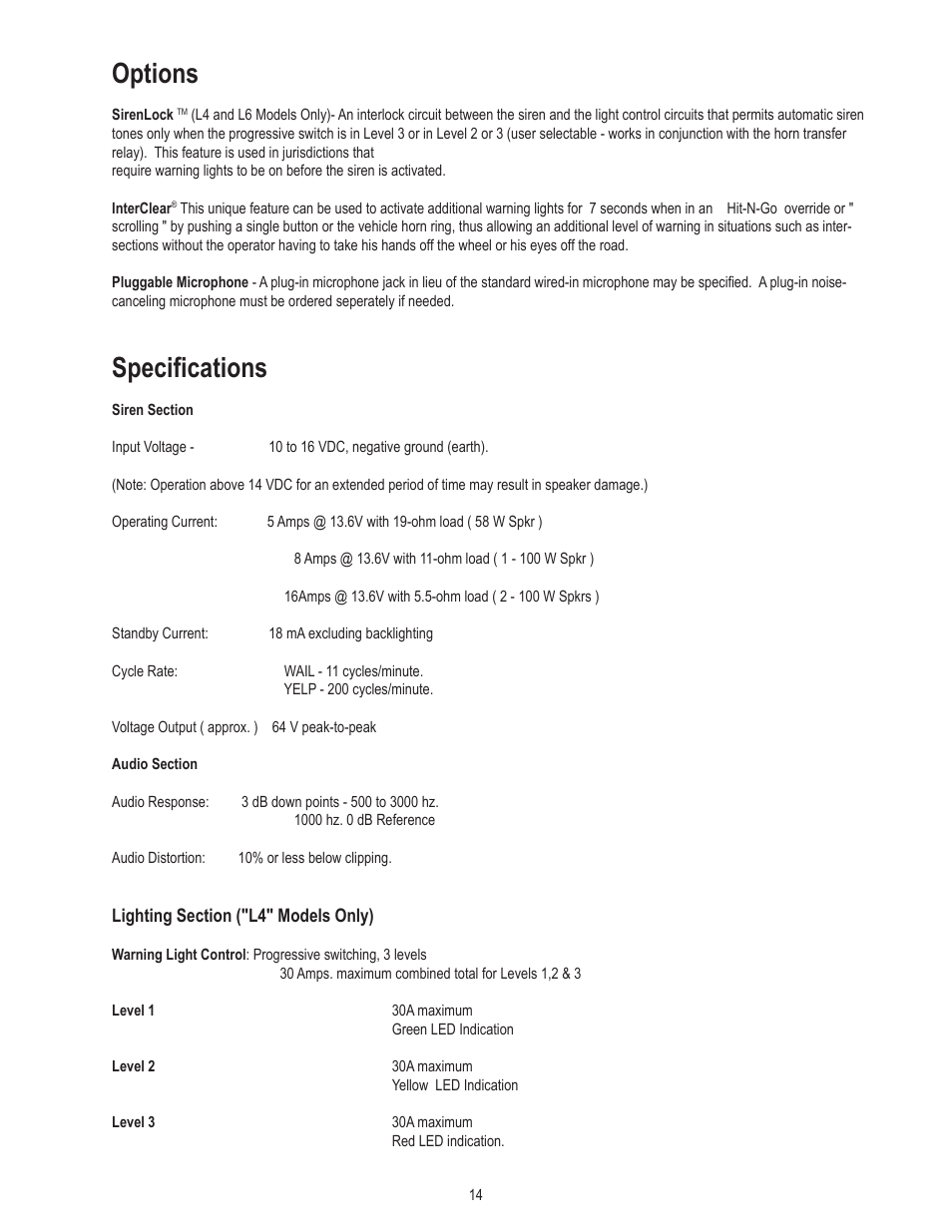 Options, Specifications | Code 3 V-Con Siren User Manual | Page 14 / 20