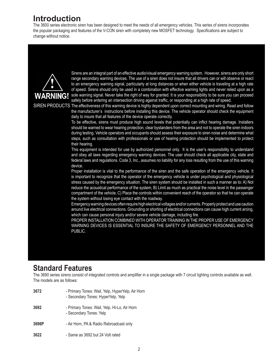 Introduction, Standard features | Code 3 V-Con Siren User Manual | Page 2 / 20