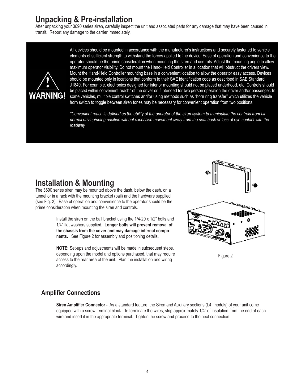 Unpacking & pre-installation, Installation & mounting, Amplifier connections | Code 3 V-Con Siren User Manual | Page 4 / 20