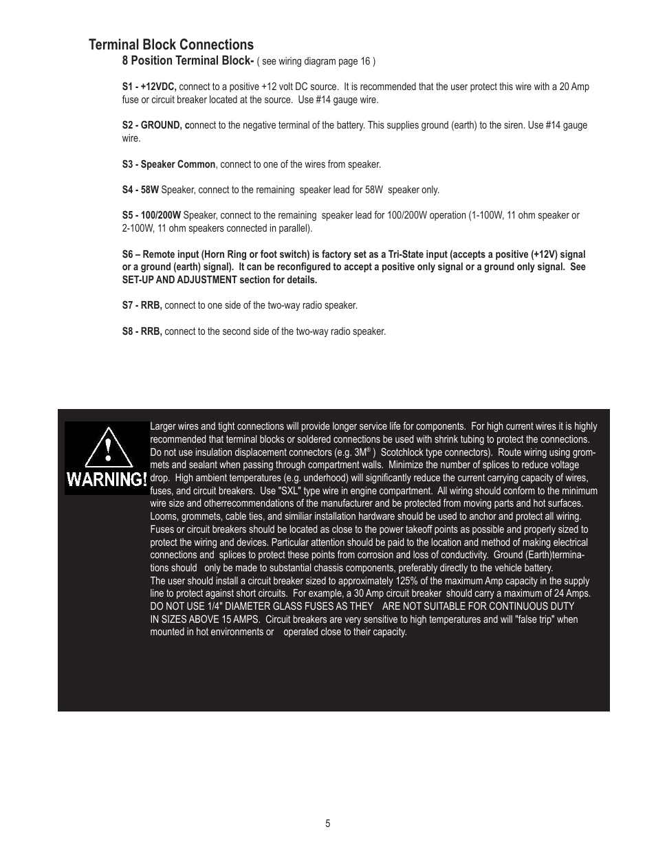 Terminal block connections | Code 3 V-Con Siren User Manual | Page 5 / 20