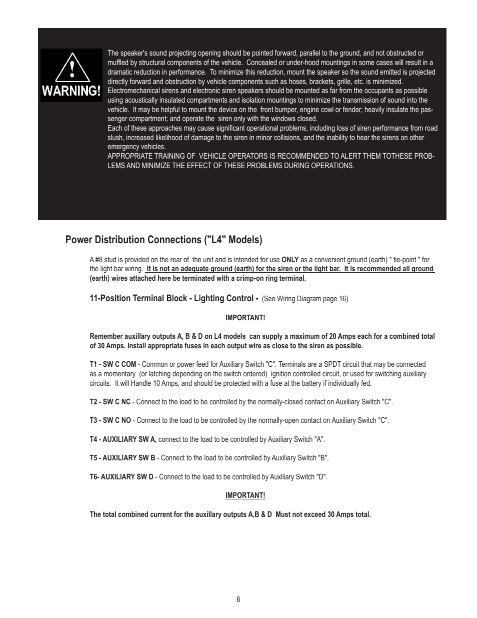 Power distribution connections ("l4" models) | Code 3 V-Con Siren User Manual | Page 6 / 20