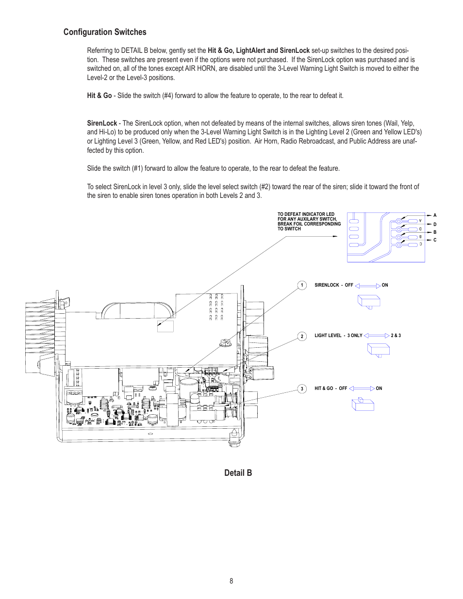 Configuration switches, Detail b | Code 3 V-Con Siren User Manual | Page 8 / 20
