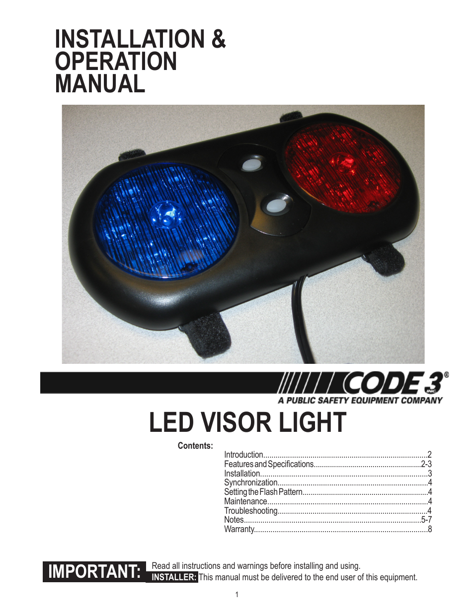 Code 3 Visor Flip Light User Manual | 8 pages