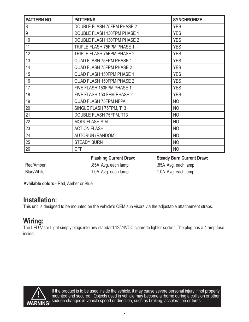 Installation, Wiring | Code 3 Visor Flip Light User Manual | Page 3 / 8