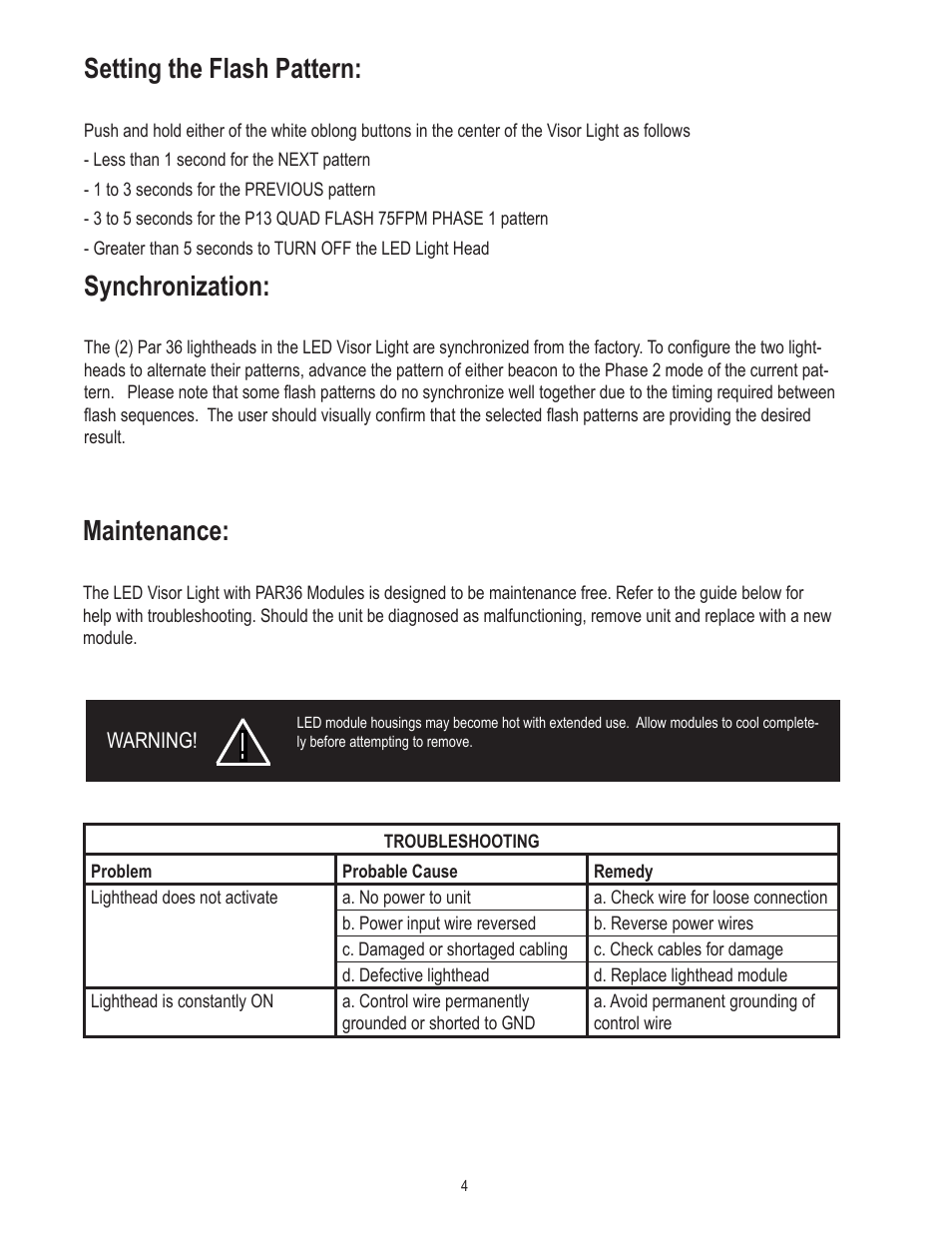 Setting the flash pattern, Synchronization, Maintenance | Code 3 Visor Flip Light User Manual | Page 4 / 8