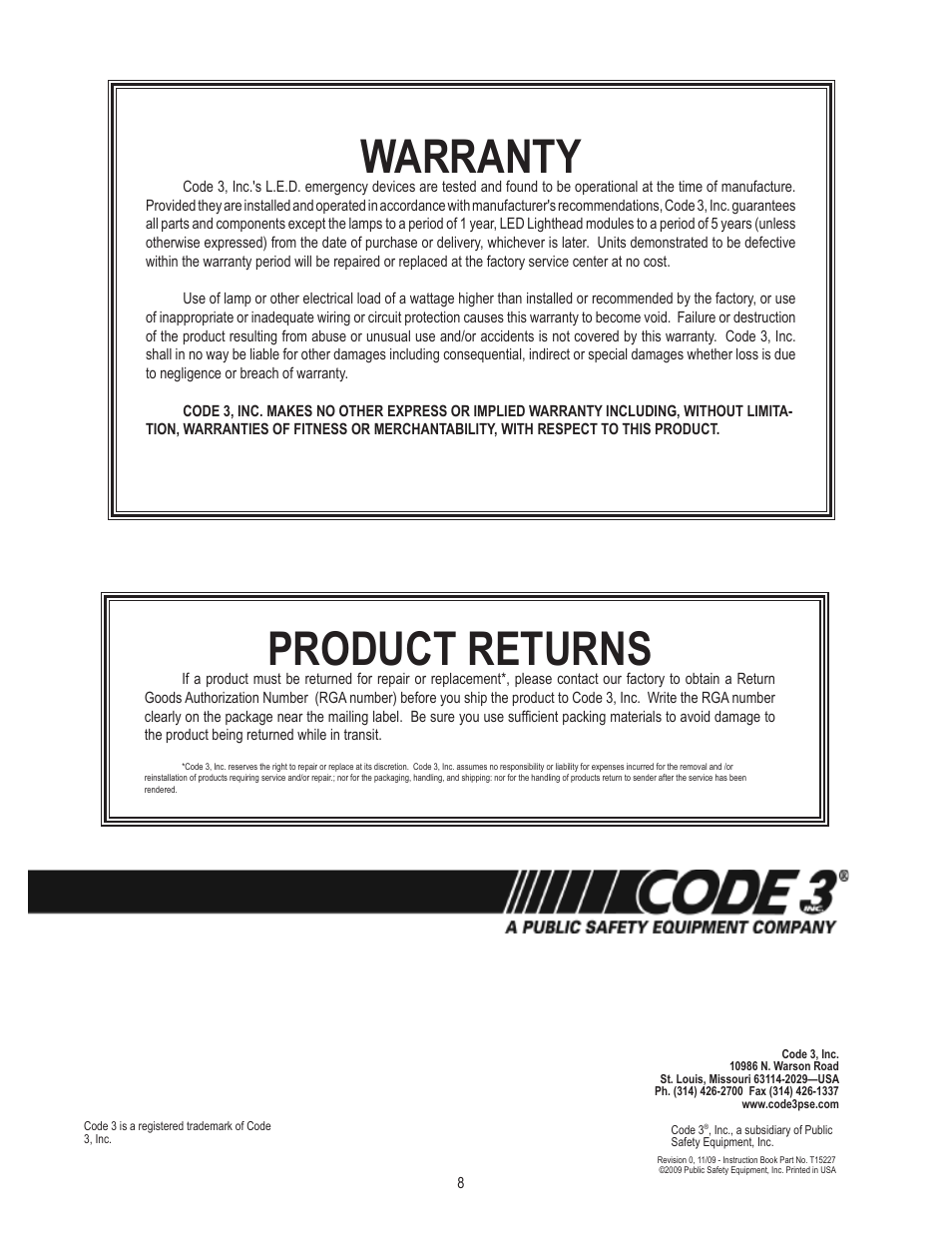 Product returns, Warranty | Code 3 Visor Flip Light User Manual | Page 8 / 8