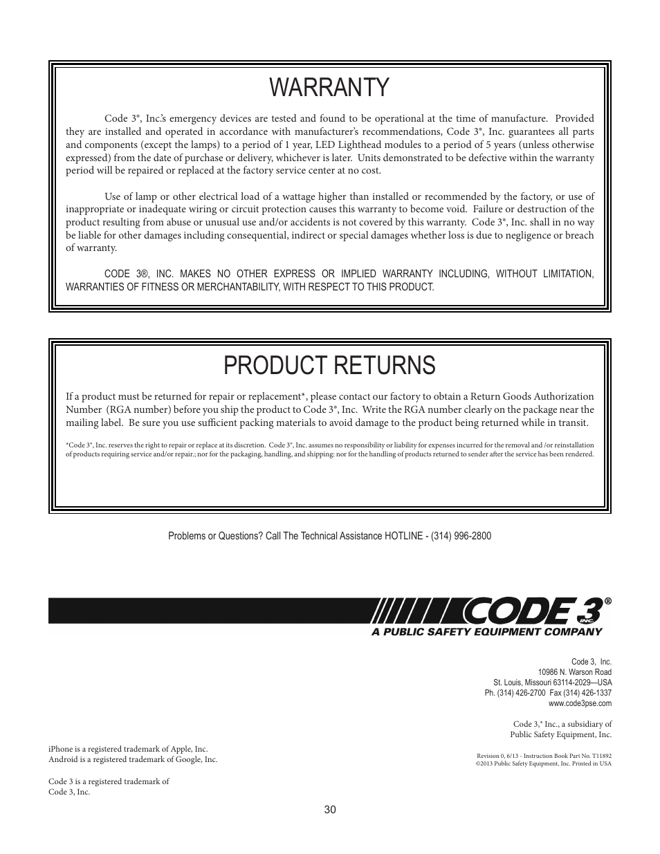 Warranty, Product returns | Code 3 vLink User Manual | Page 30 / 30