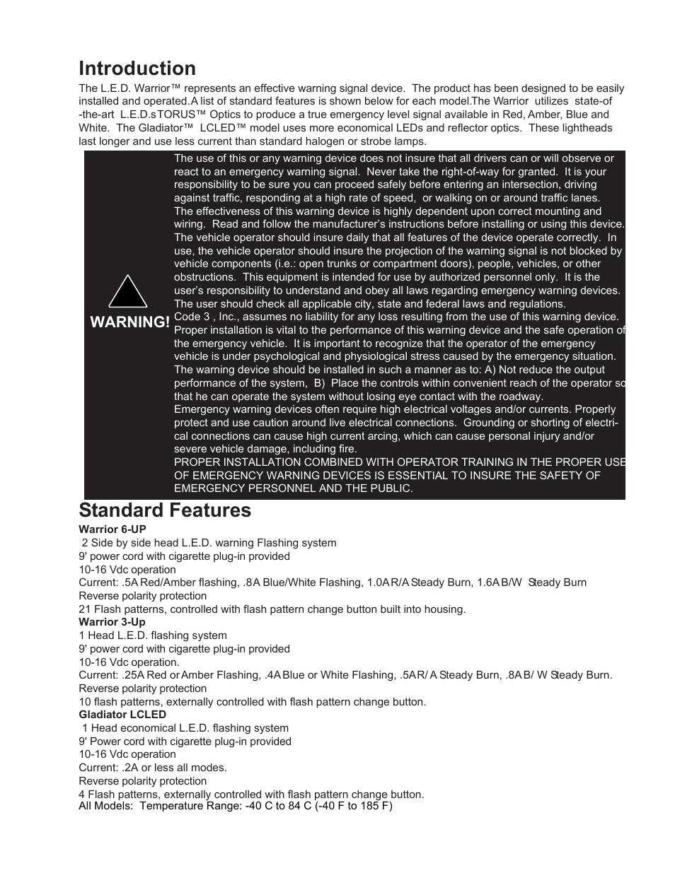 Introduction, Standard features, Warning | Code 3 Warrior User Manual | Page 2 / 8
