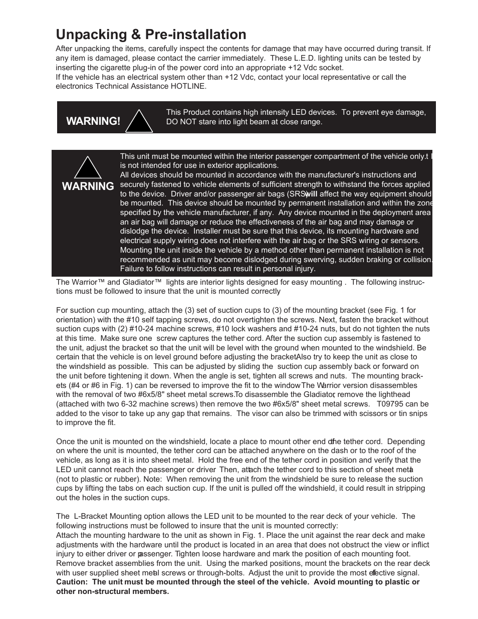 Unpacking & pre-installation, Installation & mounting, Warning | Code 3 Warrior User Manual | Page 3 / 8