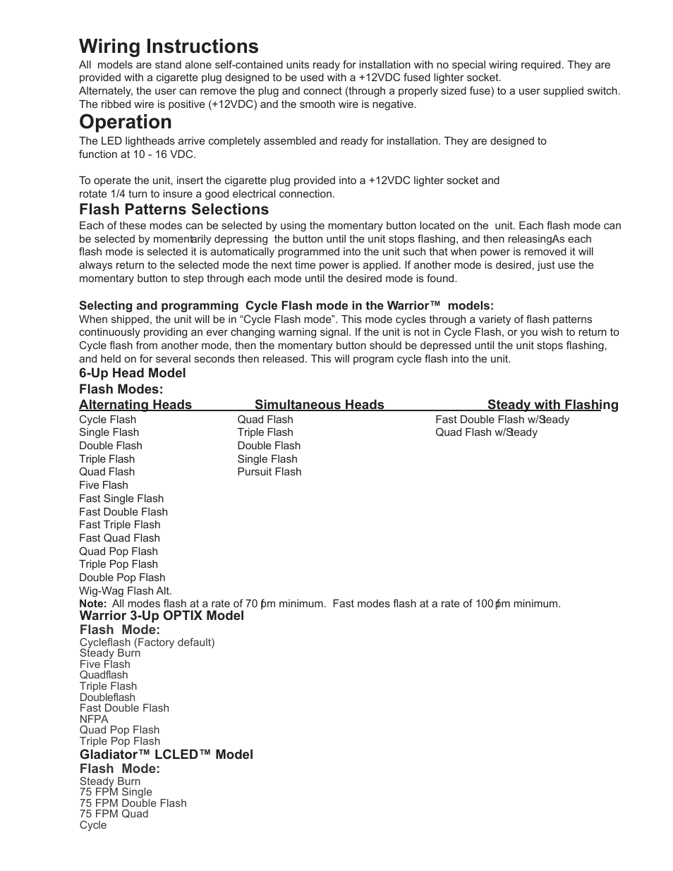 Wiring instructions, Operation, Flash patterns selections | Code 3 Warrior User Manual | Page 4 / 8