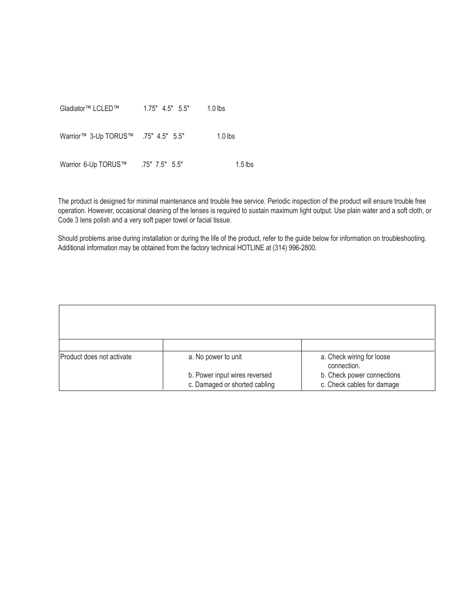 Maintenance, Options & specifications, Troubleshooting | Code 3 Warrior User Manual | Page 5 / 8
