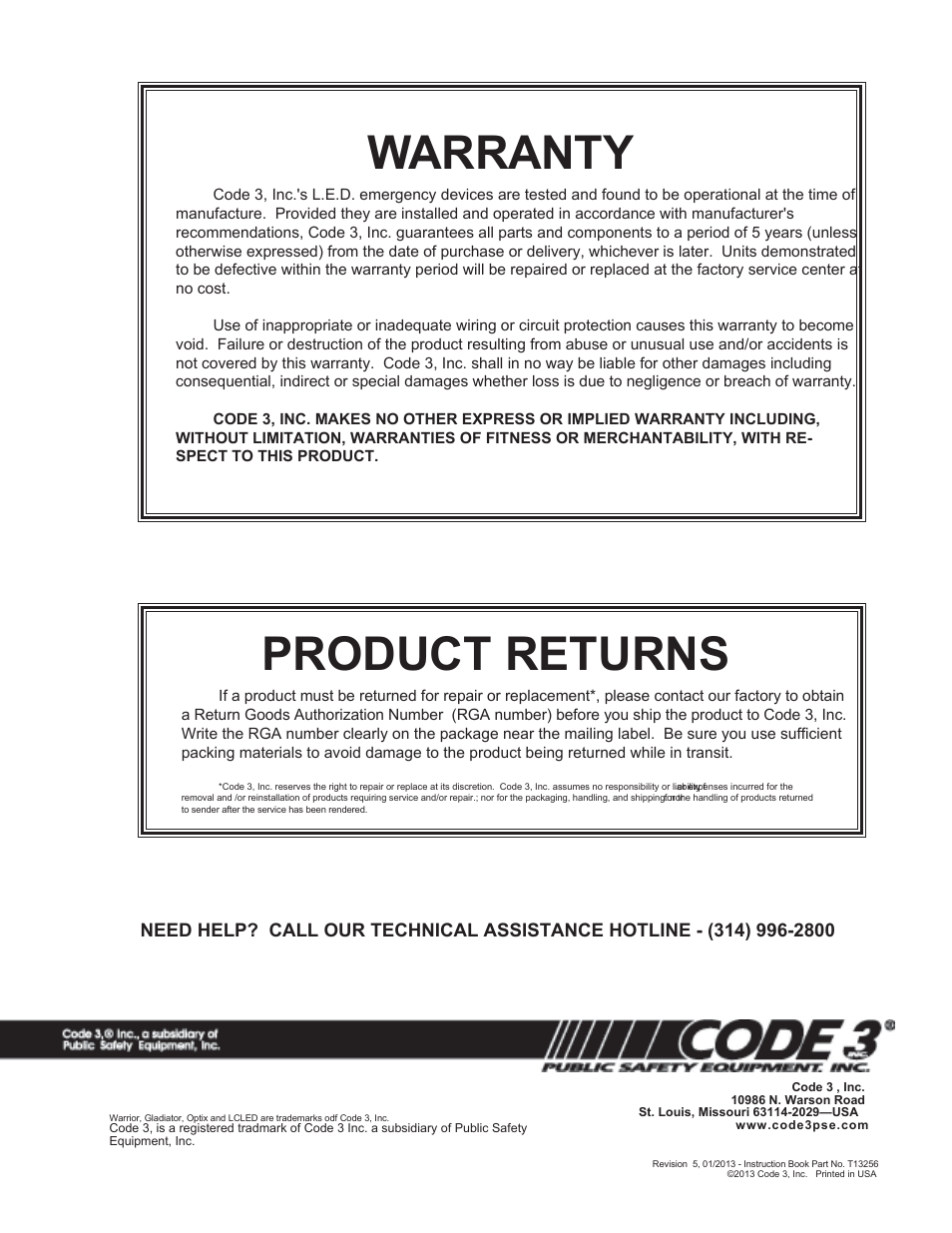 Warranty, Product returns | Code 3 Warrior User Manual | Page 8 / 8