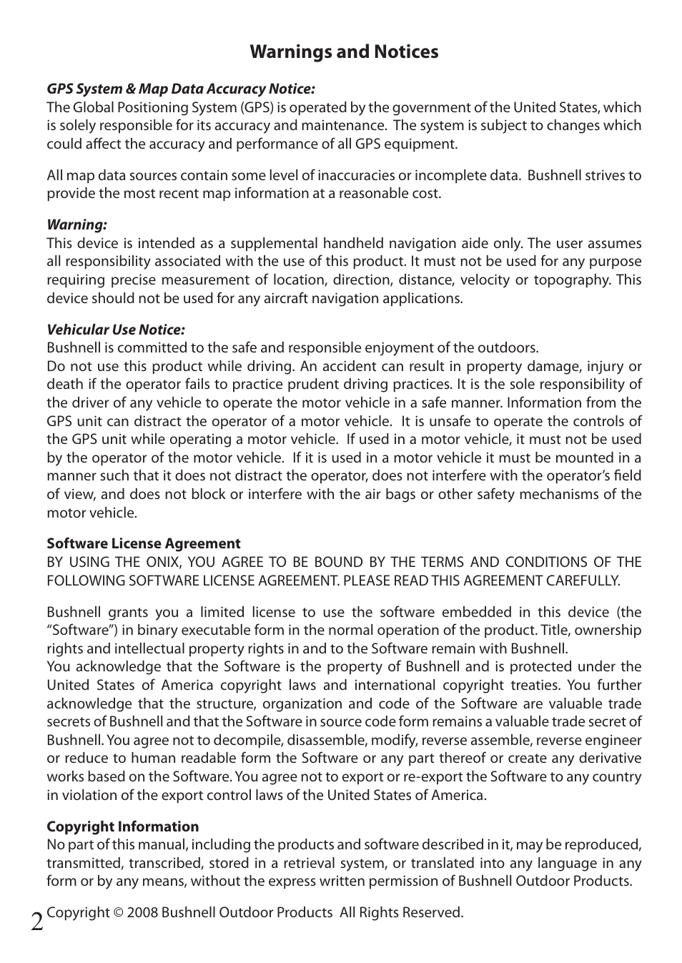 Warnings and notices | Bushnell ONIX 36-1100 User Manual | Page 2 / 28