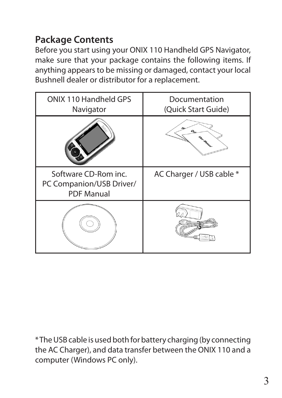 Package contents | Bushnell ONIX 36-1100 User Manual | Page 3 / 28