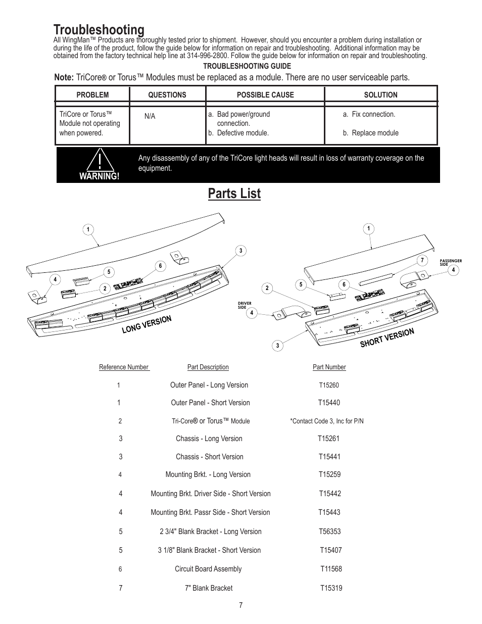 Parts list, Troubleshooting, Or torus | Warning | Code 3 Wingman with Torus for Caprice User Manual | Page 7 / 8