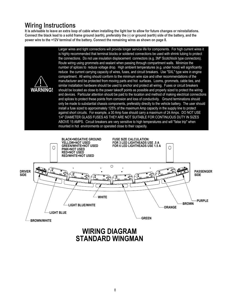 Wiring diagram standard wingman, Wiring instructions, Warning | Code 3 WingMan with Torus User Manual | Page 8 / 12