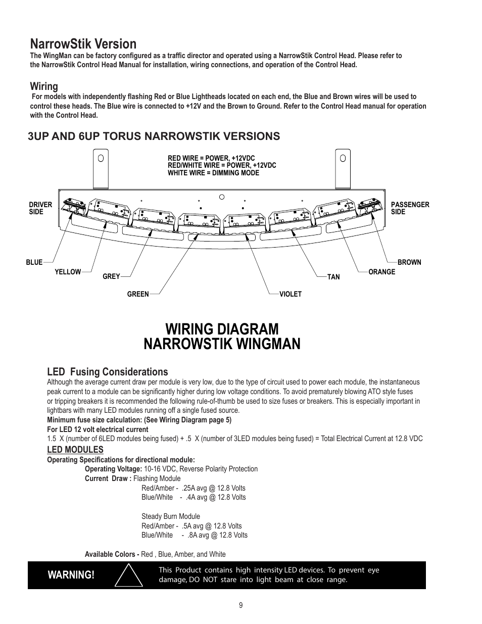 Wiring diagram narrowstik wingman, Narrowstik version, 3up optix and or 6up optix narrowstik versions | Wiring, Warning | Code 3 WingMan with Torus User Manual | Page 9 / 12