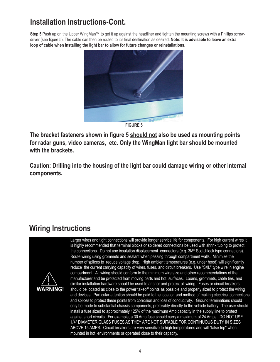 Installation instructions-cont, Wiring instructions, Warning | Code 3 WingMan with TriCore for 2008 Chevy Impala User Manual | Page 4 / 8