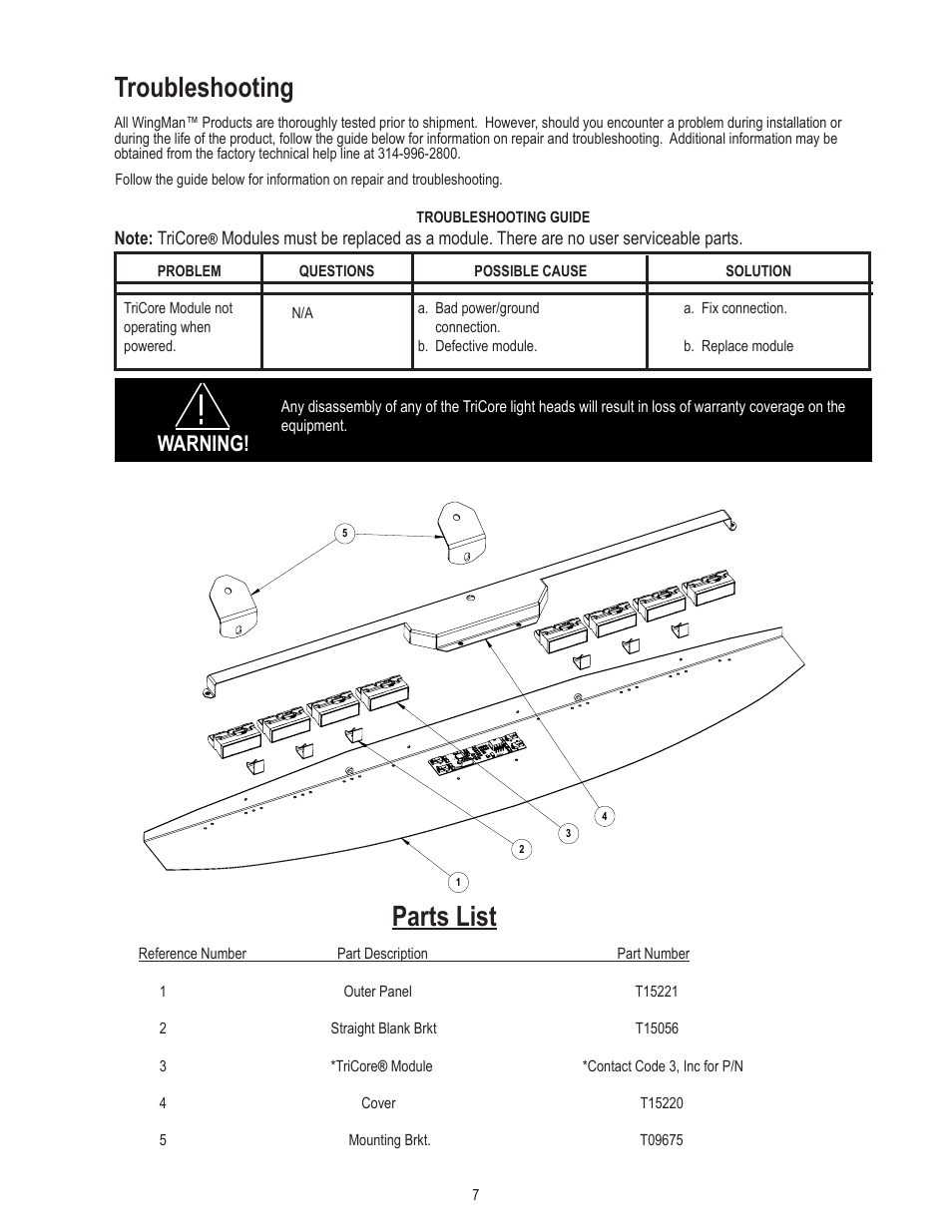 Parts list, Troubleshooting, Warning | Code 3 WingMan with TriCore for 2008 Chevy Impala User Manual | Page 7 / 8