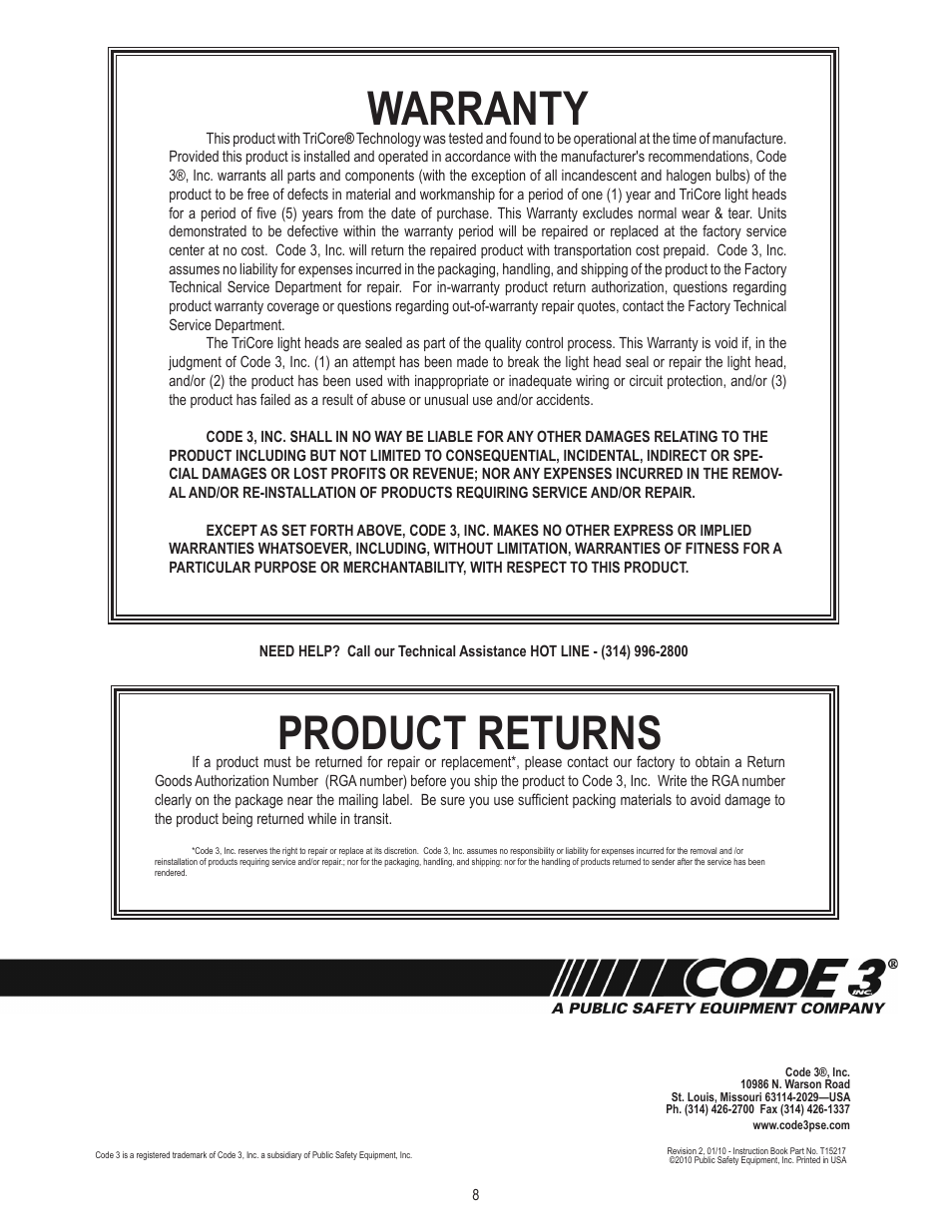 Product returns, Warranty | Code 3 WingMan with TriCore for 2008 Chevy Impala User Manual | Page 8 / 8