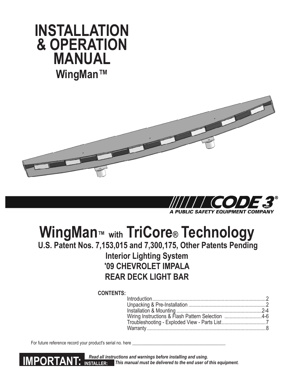 Code 3 WingMan with TriCore for 2009 Chevy Impala User Manual | 8 pages