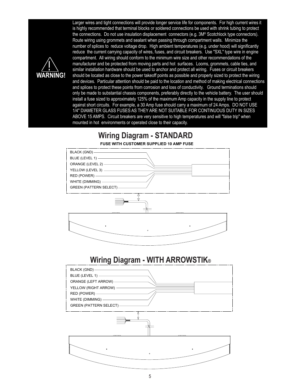 Wiring diagram - standard, Wiring diagram - with arrowstik, Warning | Code 3 WingMan with TriCore for 2009 Chevy Impala User Manual | Page 5 / 8