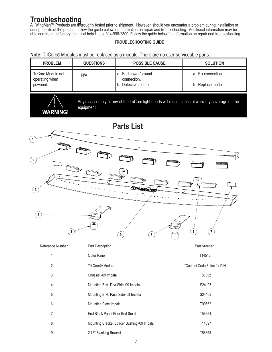 Parts list, Troubleshooting, Warning | Code 3 WingMan with TriCore for 2009 Chevy Impala User Manual | Page 7 / 8