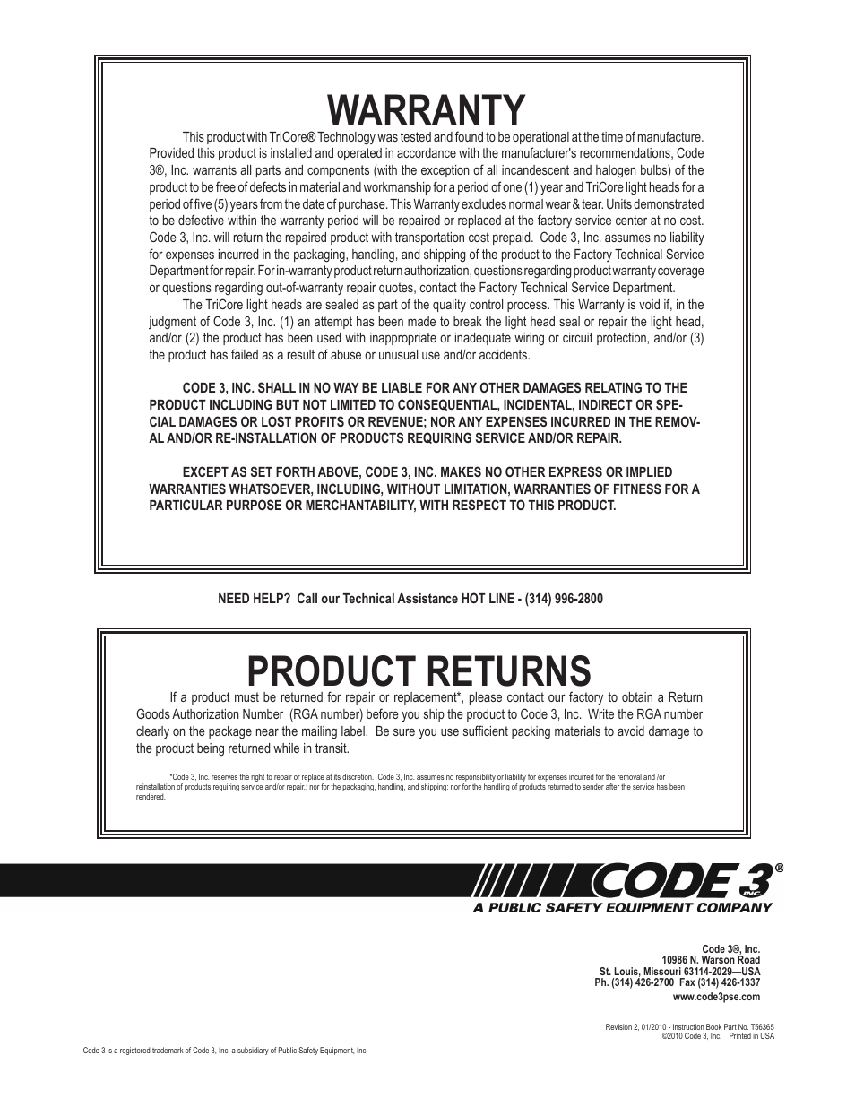 Product returns, Warranty | Code 3 WingMan with TriCore for 2009 Chevy Impala User Manual | Page 8 / 8