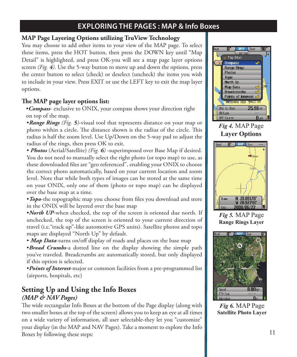 Setting up and using the info boxes, Exploring the pages : map & info boxes | Bushnell ONIX 363500 User Manual | Page 11 / 28