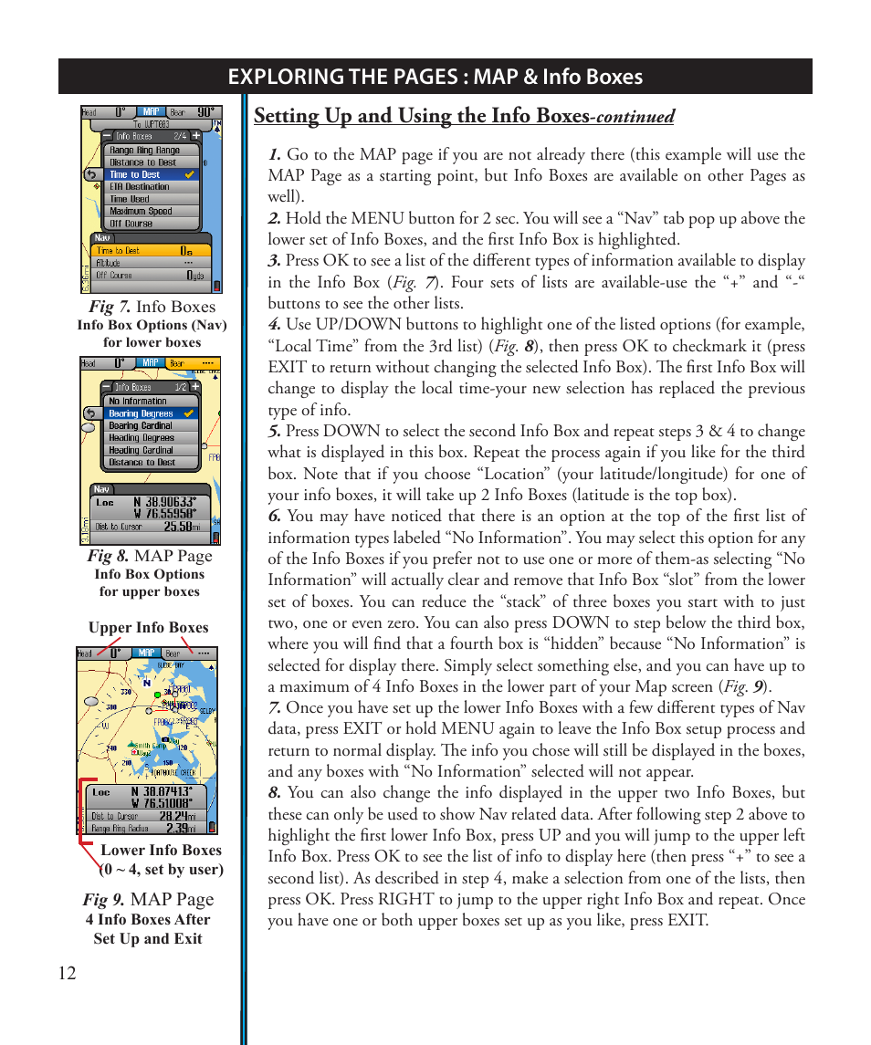 Exploring the pages : map & info boxes, Setting up and using the info boxes | Bushnell ONIX 363500 User Manual | Page 12 / 28