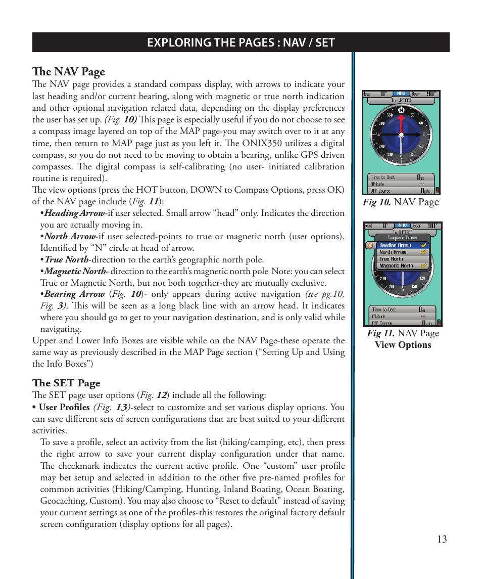 Exploring the pages : nav / set the nav page | Bushnell ONIX 363500 User Manual | Page 13 / 28