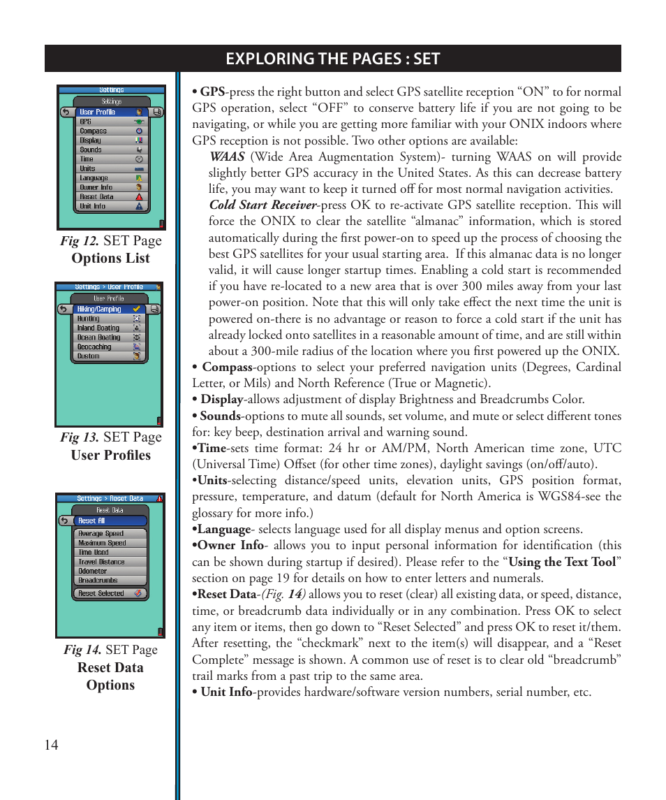 Exploring the pages : set | Bushnell ONIX 363500 User Manual | Page 14 / 28