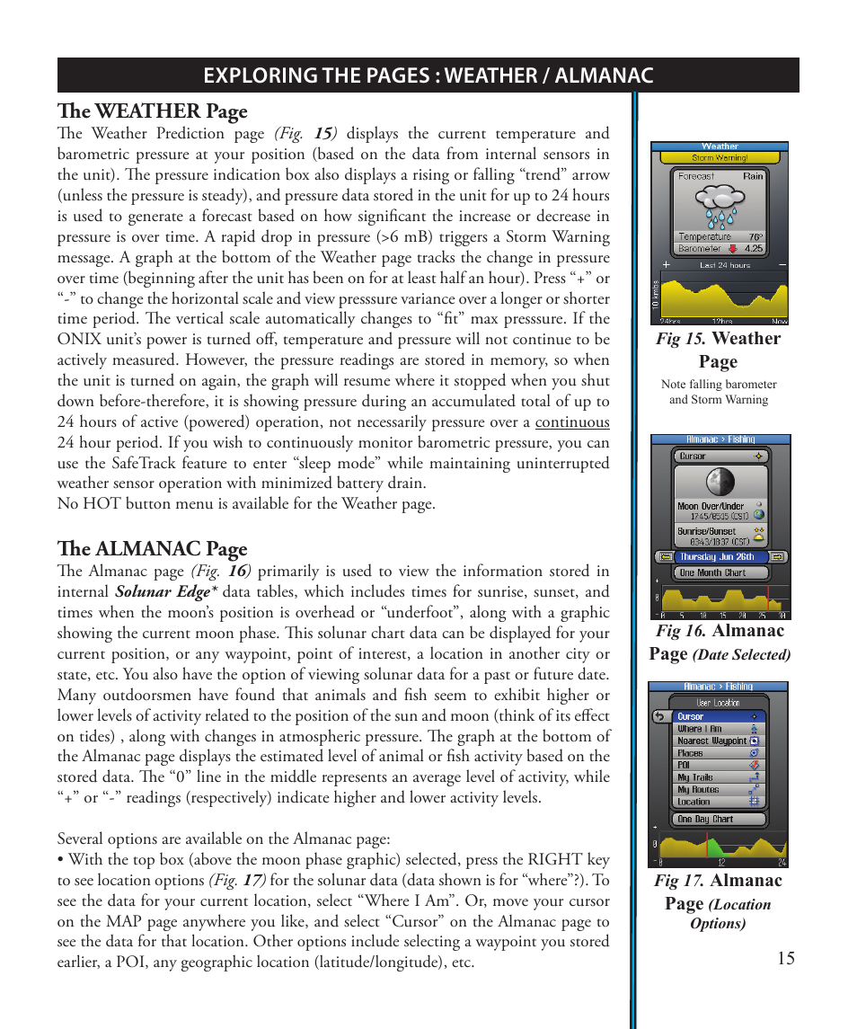 The almanac page | Bushnell ONIX 363500 User Manual | Page 15 / 28