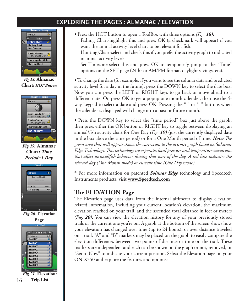 Exploring the pages : almanac / elevation, The elevation page | Bushnell ONIX 363500 User Manual | Page 16 / 28