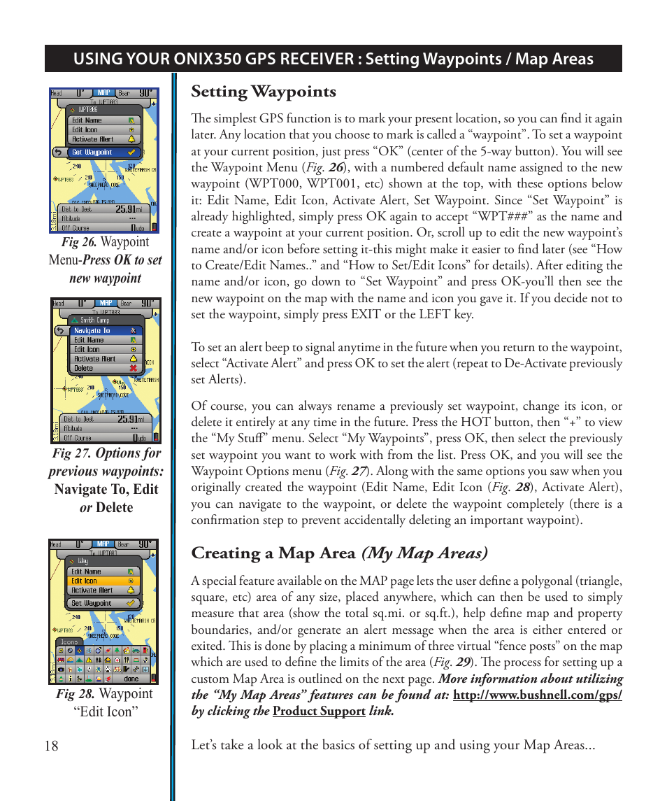 Setting waypoints, Creating a map area (my map areas) | Bushnell ONIX 363500 User Manual | Page 18 / 28