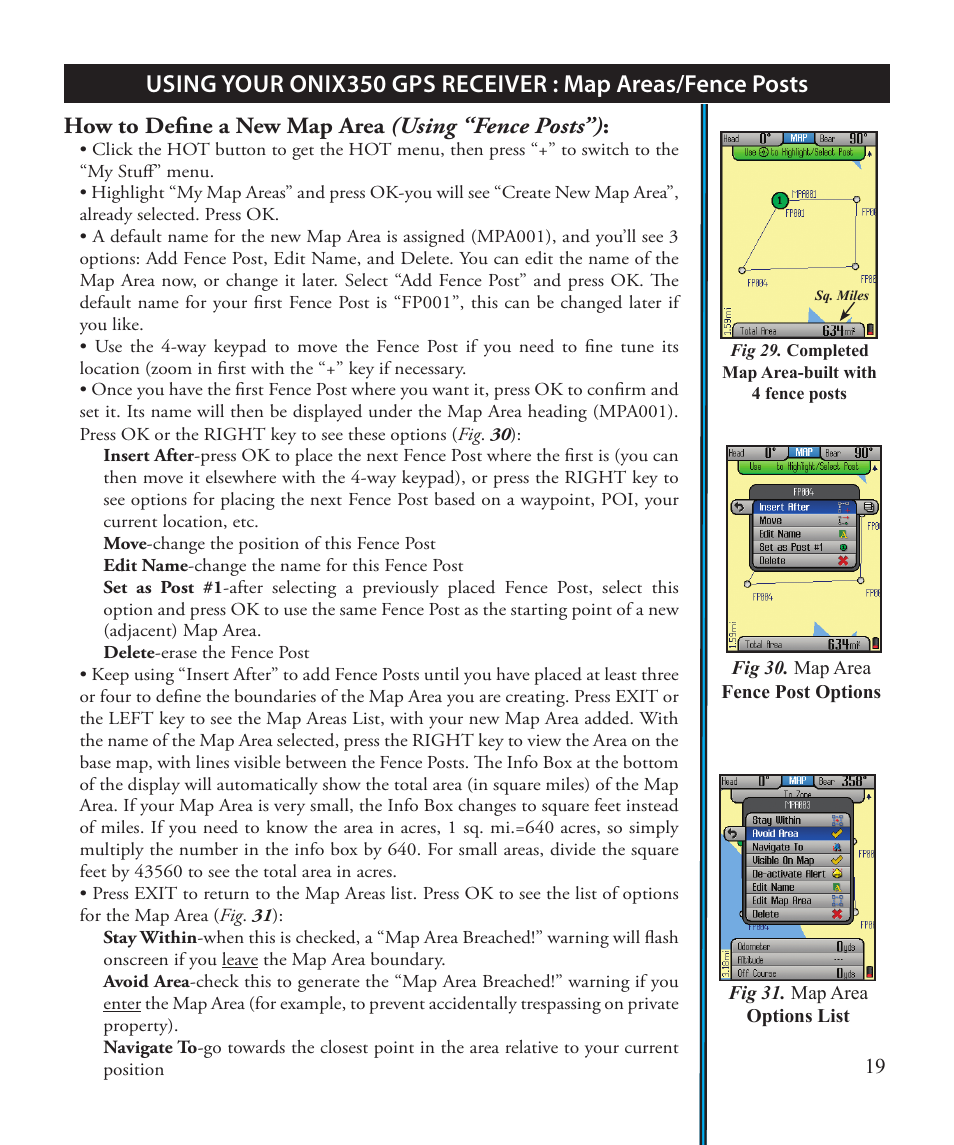 How to define a new map area (using “fence posts”) | Bushnell ONIX 363500 User Manual | Page 19 / 28