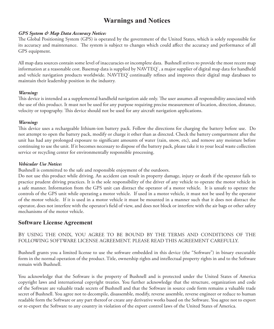 Warnings and notices | Bushnell ONIX 363500 User Manual | Page 2 / 28