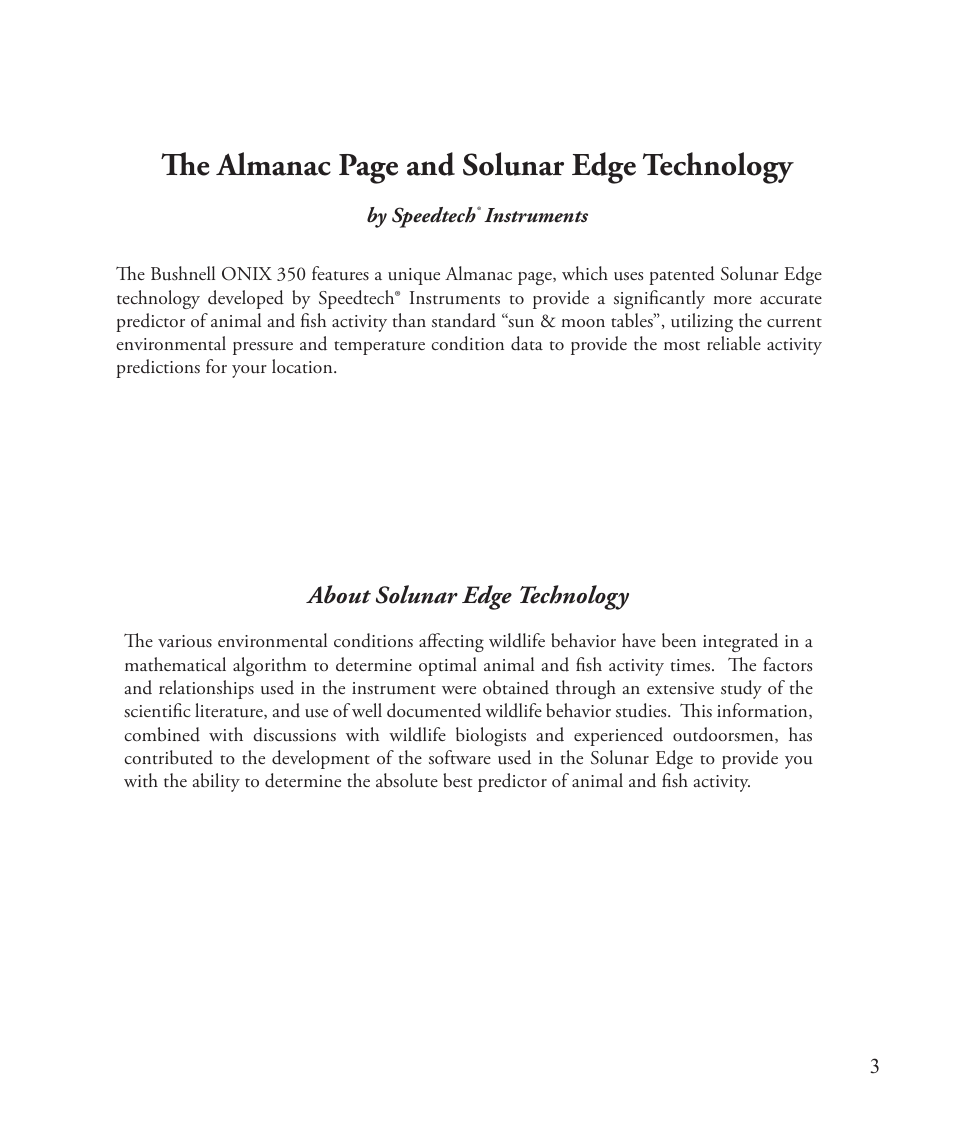 The almanac page and solunar edge technology, About solunar edge technology | Bushnell ONIX 363500 User Manual | Page 3 / 28