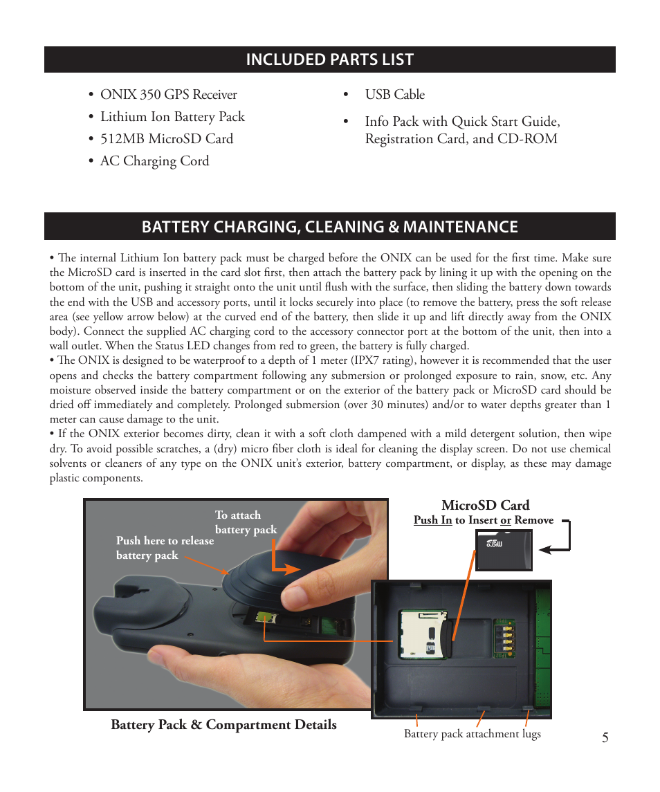 Included parts list, Battery charging, cleaning & maintenance | Bushnell ONIX 363500 User Manual | Page 5 / 28