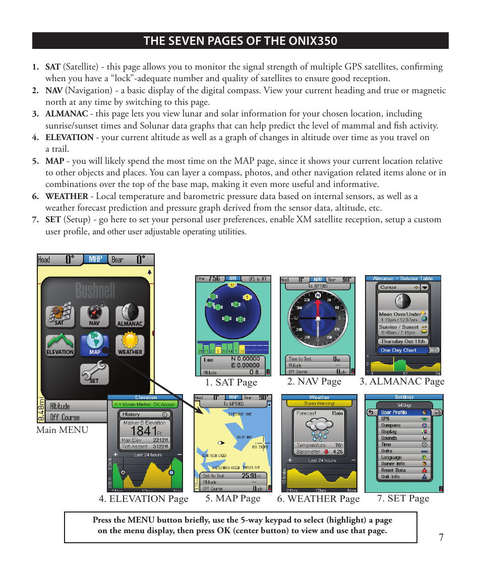 The seven pages of the onix350 | Bushnell ONIX 363500 User Manual | Page 7 / 28